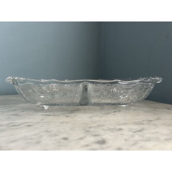 Fostoria Meadow Rose 3 Part Glass Footed Relish Dish Etched Crystal Vintage - Picture 9 of 15